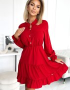 Numoco Rochie scurta rosie tip camasa cu maneca lunga si volane Medeia