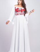 PerDonna Rochie lunga cu motive traditionale alba cu maci rosii din voal vaporoasa Salomeea
