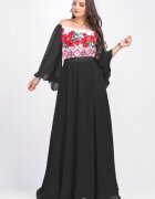 PerDonna Rochie lunga neagra cu motive traditionale cu maci din voal vaporoasa Salomeea