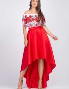 PerDonna Rochie midi rosie cu motive traditionale din tafta cu maci Byanca