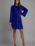  Rochie catifea albastra cu paiete scurta croi A cu fundița la spate si maneca lunga Glossy