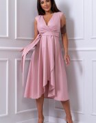  Rochie de ocazie midi din brocard roz pudra petrecuta asimetrica Greta