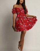  Rochie de vara scurta rosie cu flori in clos Pinky