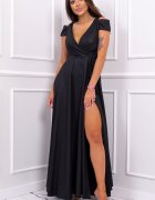  Rochie lunga eleganta neagra din brocard cu umerii goi Gala