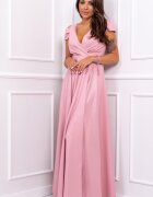  Rochie lunga roz pastel cu umerii goi din brocard Gala