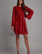  Rochie rosie din catifea cu paiete scurta croi A cu fundița si maneca lunga Glossy