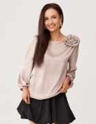 Roco Fashion Bluza bej din satin cu floare si maneca lunga EvelynR