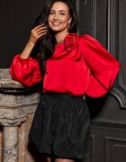 Roco Fashion Bluza dama rosie din satin cu floare si maneca lunga EvelynR
