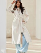 Roco Fashion Palton dama elegant lung alb cu buzunare si cordon Katsy