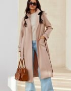 Roco Fashion Palton dama elegant lung bej cu buzunare si cordon Katsy