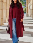 Roco Fashion Palton dama elegant lung clasic burgundy cu buzunare si cordon Vanora
