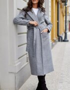 Roco Fashion Palton dama elegant lung gri clasic cu buzunare si cordon Vanora