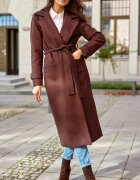 Roco Fashion Palton dama elegant lung maro clasic cu buzunare si cordon Vanora