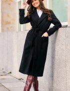 Roco Fashion Palton dama elegant lung negru clasic cu buzunare si cordon Vanora