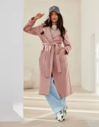 Roco Fashion Palton dama elegant lung roz pal cu buzunare si cordon Katsy