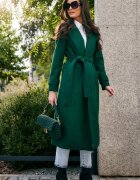 Roco Fashion Palton dama elegant lung verde clasic cu buzunare si cordon Vanora