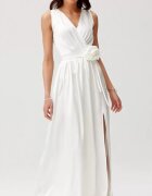 Roco Fashion Rochie cununie civila lunga din satin alba cu floare in talie PalomaR