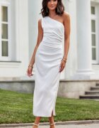 Roco Fashion Rochie cununie civila lunga din satin alba cu un umar gol Lamia