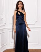 Roco Fashion Rochie de ocazie lunga din satin bleumarin navy cu umerii goi MoanaR