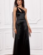 Roco Fashion Rochie de ocazie lunga neagra din satin crapata pe picior MoanaR
