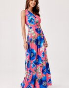 Roco Fashion Rochie de vara lunga corai cu flori albastre vaporoasa petrecuta Nastia