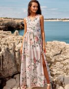 Roco Fashion Rochie de vara lunga din chiffon bej cu flori vaporoasa Kosima