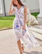Roco Fashion Rochie de vara lunga din chiffon ecru cu flori albastre asimetrica vaporoasa Mirla