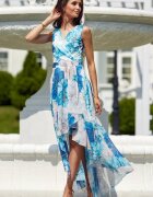 Roco Fashion Rochie de vara lunga din chiffon ecru cu flori bleu vaporoasa Mirla