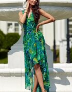 Roco Fashion Rochie de vara lunga din chiffon verde cu print multicolor asimetrica vaporoasa Mirla
