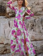 Roco Fashion Rochie de vara lunga din voal alba cu flori mari roz vaporoasa cu maneca lunga Anamaria