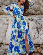 Roco Fashion Rochie de vara lunga din voal ecru cu flori bleu vaporoasa cu maneca lunga Anamaria