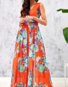 Roco Fashion Rochie de vara lunga din voal orange cu flori vaporoasa Brietta