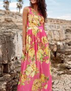 Roco Fashion Rochie de vara lunga din voal roz cu flori galbene vaporoasa Brietta