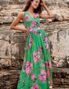 Roco Fashion Rochie de vara lunga din voal verde cu flori roz vaporoasa Brietta
