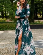 Roco Fashion Rochie de vara lunga din voal verde smarald cu flori vaporoasa cu maneca lunga Anamaria