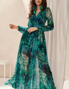 Roco Fashion Rochie de vara lunga din voal verde vaporoasa cu maneca lunga Anamaria