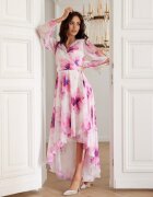 Roco Fashion Rochie din chiffon ecru cu flori roz vaporoasa cu maneca lunga Fiorella