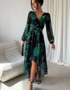 Roco Fashion Rochie eleganta din voal verde lunga cu flori cu maneca lunga vaporoasa Sureya