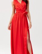 Roco Fashion Rochie eleganta lunga din satin rosie cu floare in talie PalomaR