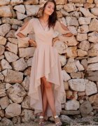 Roco Fashion Rochie eleganta lunga din voal bej vaporoasa cu maneca lunga Jessica