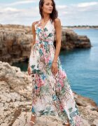 Roco Fashion Rochie lunga de vara din chiffon ecru cu flori multicolore vaporoasa Kosima