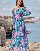 Roco Fashion Rochie lunga de vara turcoaz cu flori lila vaporoasa cu maneca lunga si umeri goi Rosalie