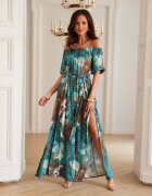 Roco Fashion Rochie lunga din vascoza turcoaz cu umerii goi MiaR