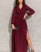 Roco Fashion Rochie lunga din voal chiffon burgundy vaporoasa cu maneca lunga Stella