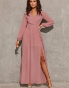 Roco Fashion Rochie lunga din voal chiffon roz pudra vaporoasa cu maneca lunga Stella