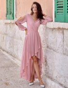 Roco Fashion Rochie lunga din voal roz prafuit vaporoasa cu maneca lunga Jessica