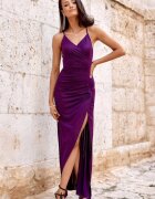 Roco Fashion Rochie lunga mulata din brocard mov cu spatele gol Frida
