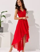 Roco Fashion Rochie lunga rosie din voal asimetrica vaporoasa si petrecuta Fiona