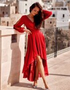 Roco Fashion Rochie lunga rosie din voal vaporoasa cu maneca lunga Jessica