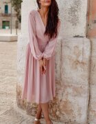 Roco Fashion Rochie midi din voal roz pal vaporoasa cu maneca lunga Melen